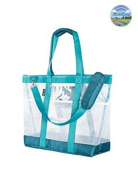Extra Large Mesh Beach Bag with 9 Pockets Top Zip Tote Shoulder Bag